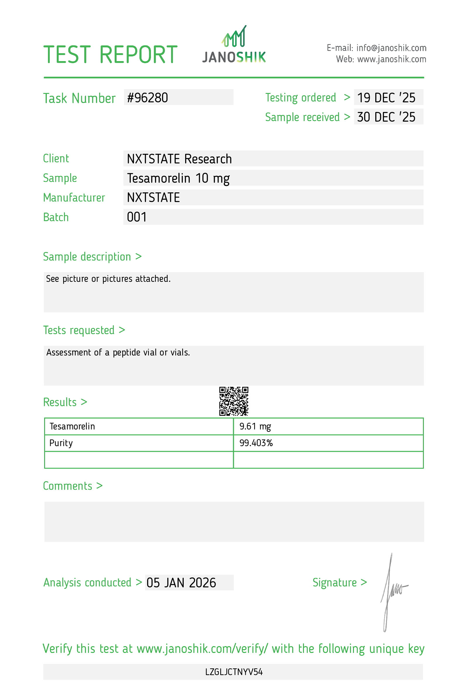 Tesamorelin Certificate of Analysis - 99% purity verified