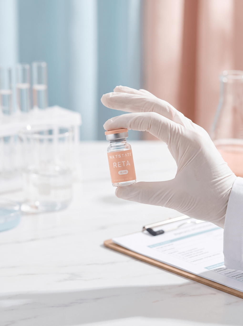 NXTSTATE researcher inspecting a Retatrutide vial