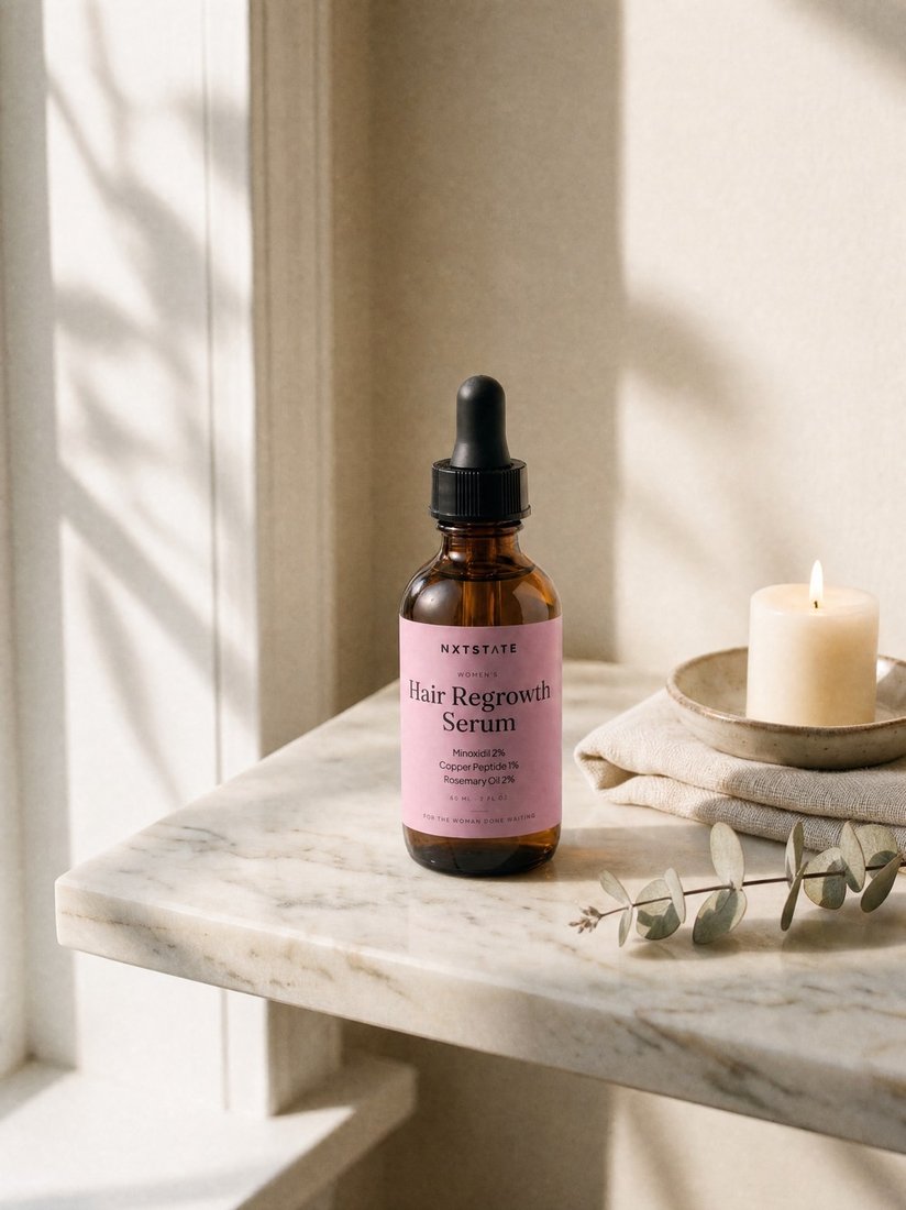 Women's Hair Regrowth Serum on a bathroom shelf