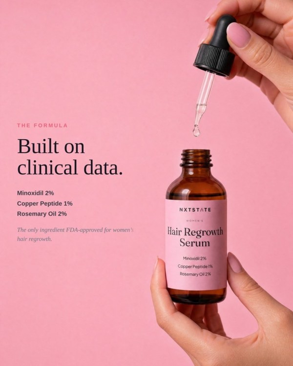 Women's Hair Regrowth Serum built on clinical data Women's Hair Regrowth Serum clinical data minoxidil copper peptide