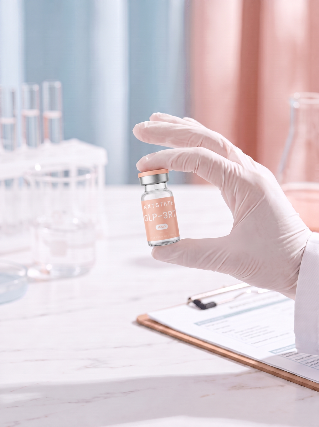 NXTSTATE researcher inspecting a GLP-3RT vial